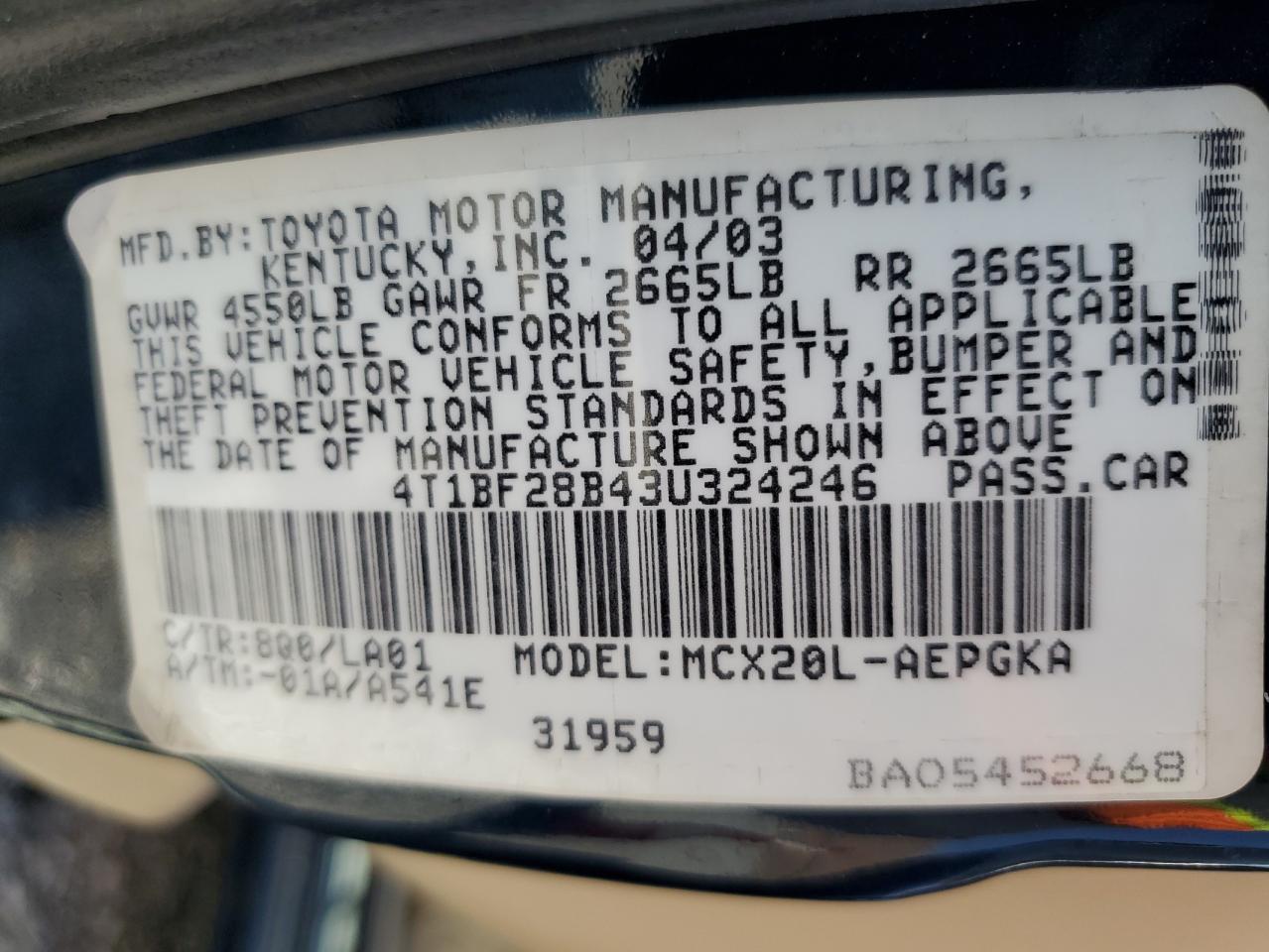 4T1BF28B43U324246 2003 Toyota Avalon Xl