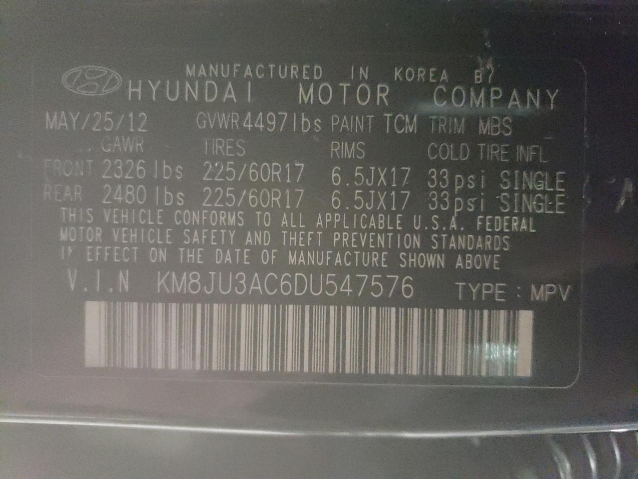 KM8JU3AC6DU547576 2013 Hyundai Tucson Gls