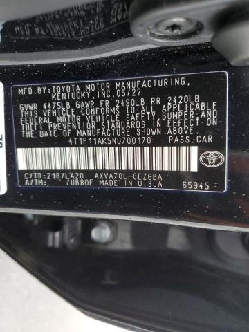 2022 Toyota Camry Xle VIN: 4T1F11AK5NU700170 Lot: 46037104