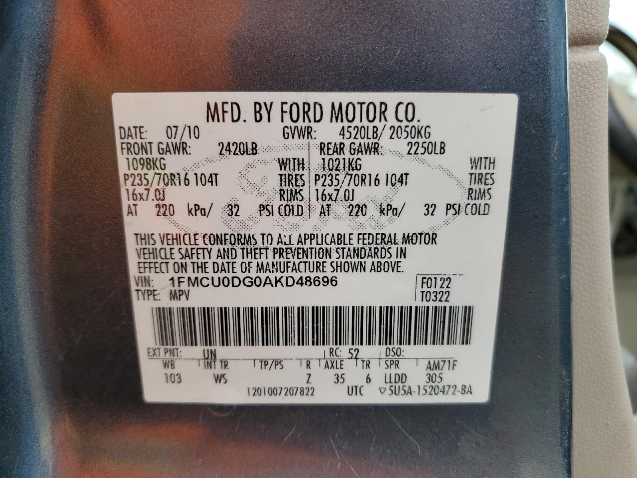 1FMCU0DG0AKD48696 2010 Ford Escape Xlt