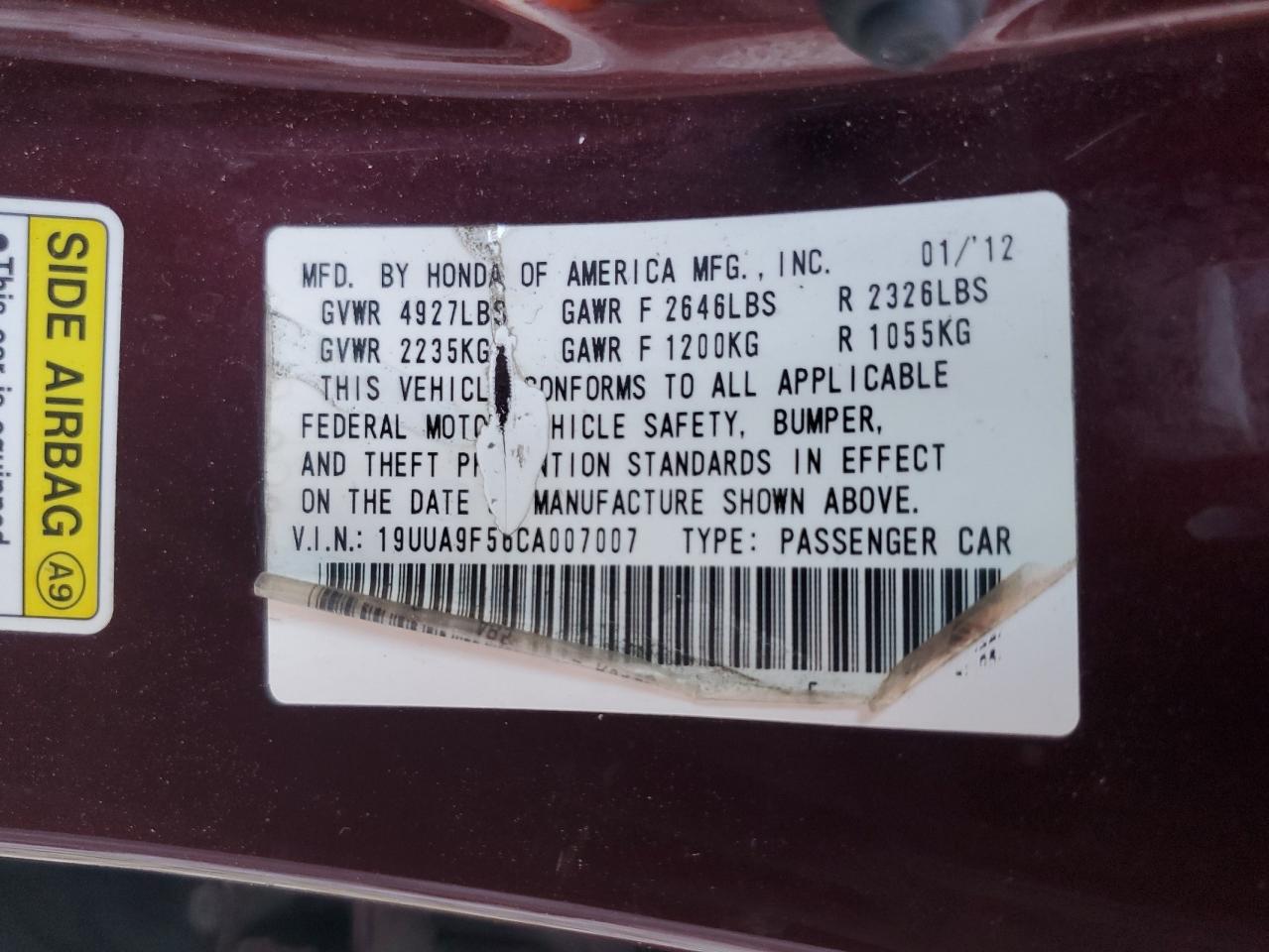 19UUA9F56CA007007 2012 Acura Tl