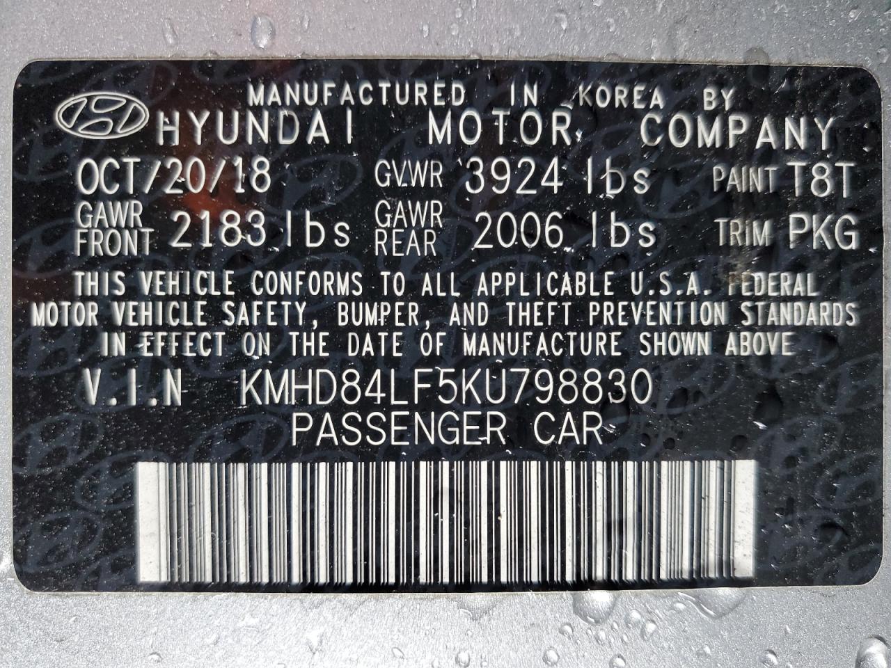 KMHD84LF5KU798830 2019 Hyundai Elantra Sel
