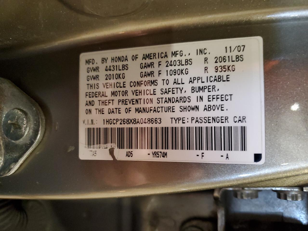 1HGCP268X8A048663 2008 Honda Accord Exl