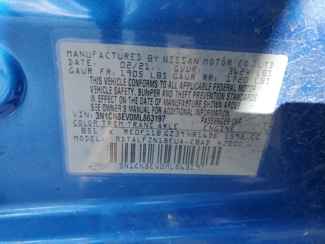 3n1cn8ev0ml863197 3N1CN8EV0ML863197 2021 Nissan Versa Sv