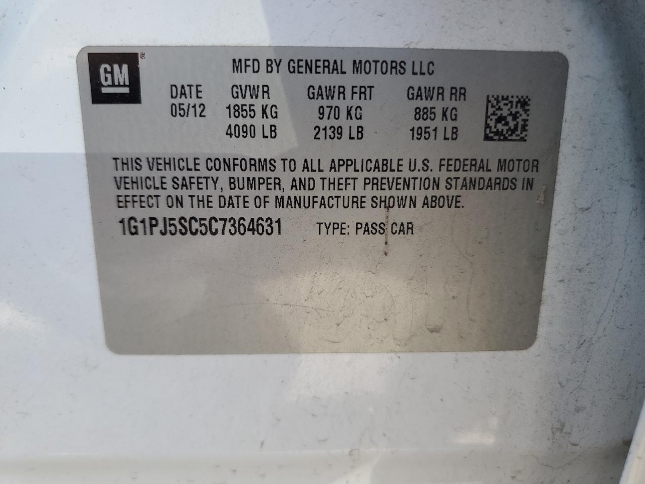 1G1PJ5SC5C7364631 2012 Chevrolet Cruze Eco