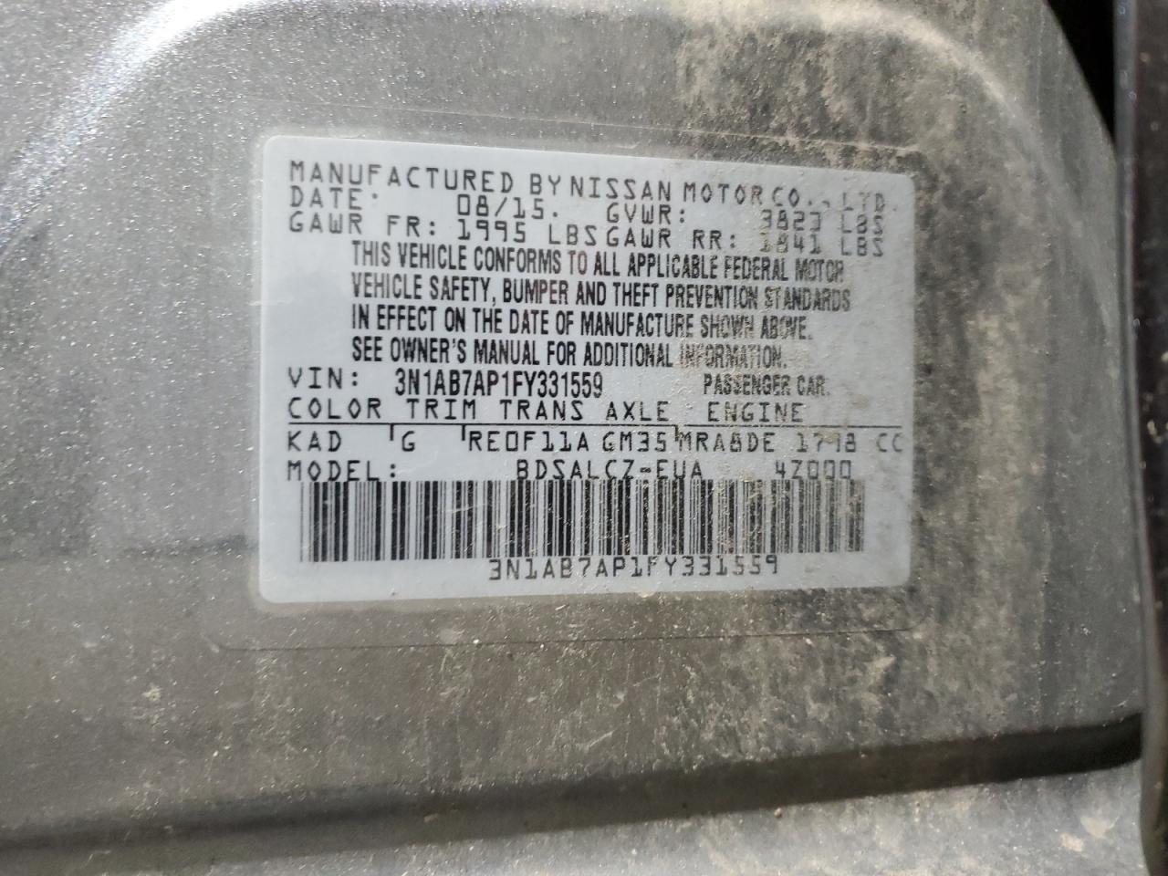 3N1AB7AP1FY331559 2015 Nissan Sentra S