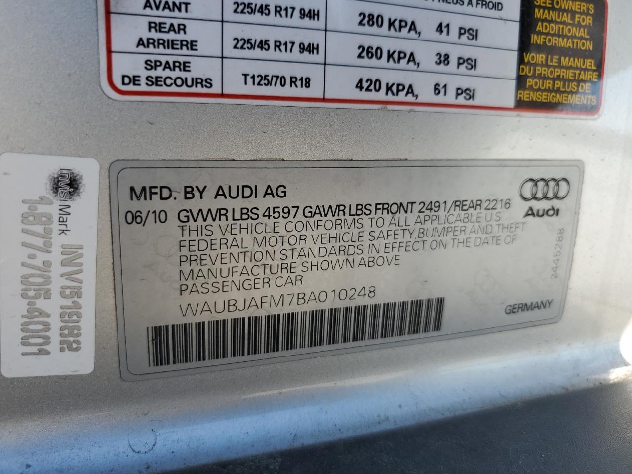 WAUBJAFM7BA010248 2011 Audi A3 Premium