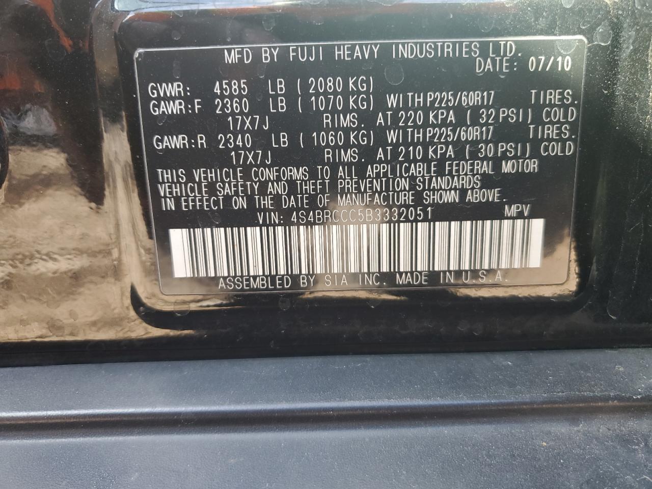 4S4BRCCC5B3332051 2011 Subaru Outback 2.5I Premium