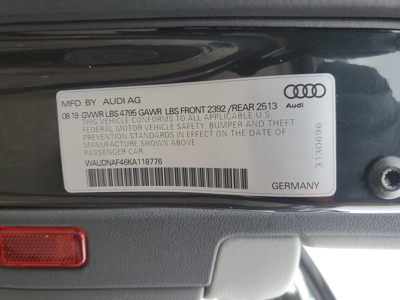 WAUDNAF46KA118776 2019 Audi A4 Premium