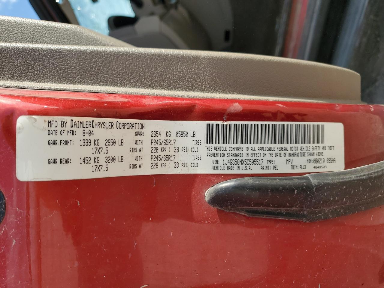 1J4GS58NX5C505517 2005 Jeep Grand Cherokee Limited