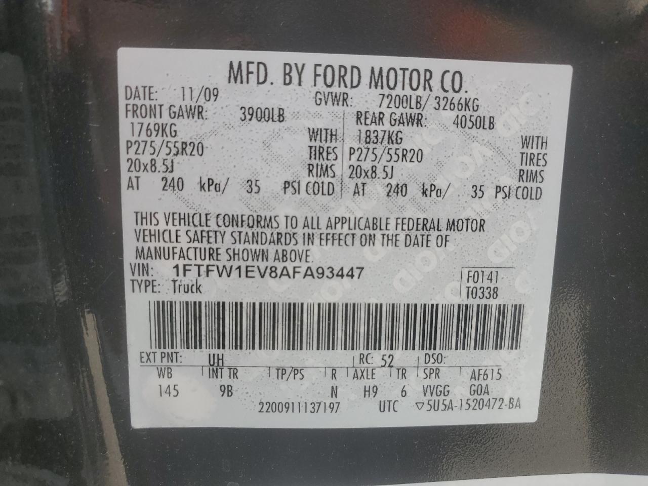 1FTFW1EV8AFA93447 2010 Ford F150 Supercrew