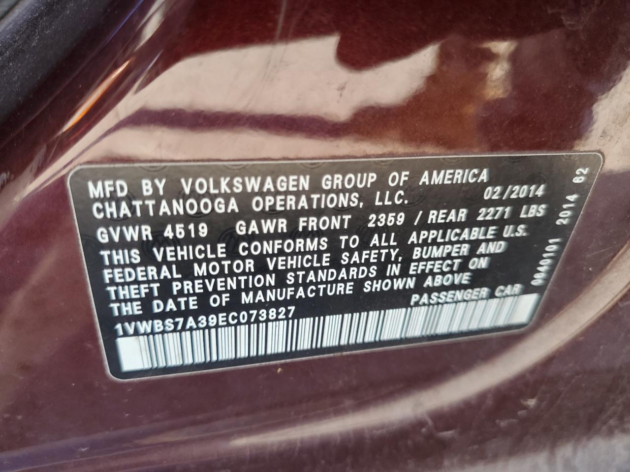 1VWBS7A39EC073827 2014 Volkswagen Passat Se