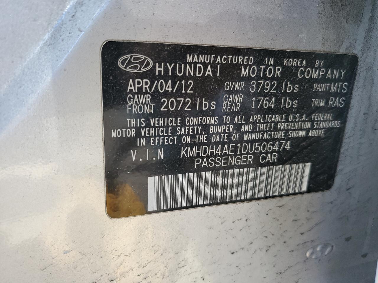 KMHDH4AE1DU506474 2013 Hyundai Elantra Gls