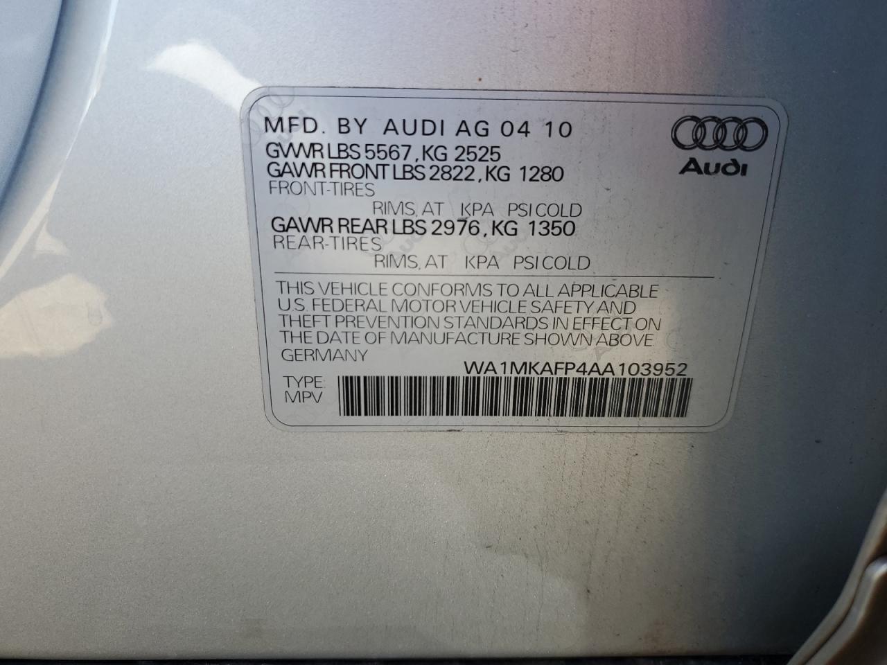 WA1MKAFP4AA103952 2010 Audi Q5 Premium Plus