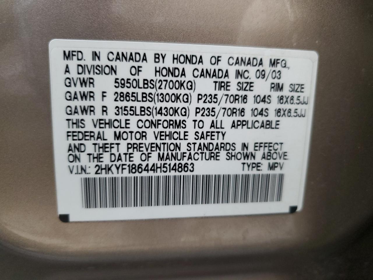 2HKYF18644H514863 2004 Honda Pilot Exl