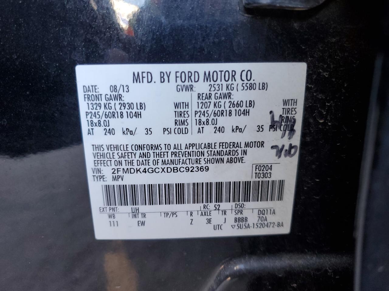 2FMDK4GCXDBC92369 2013 Ford Edge Se