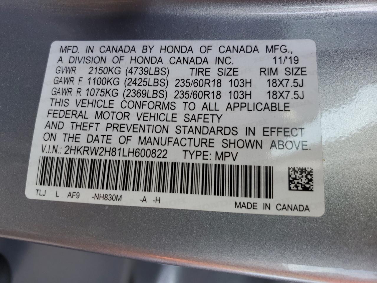 2HKRW2H81LH600822 2020 Honda Cr-V Exl