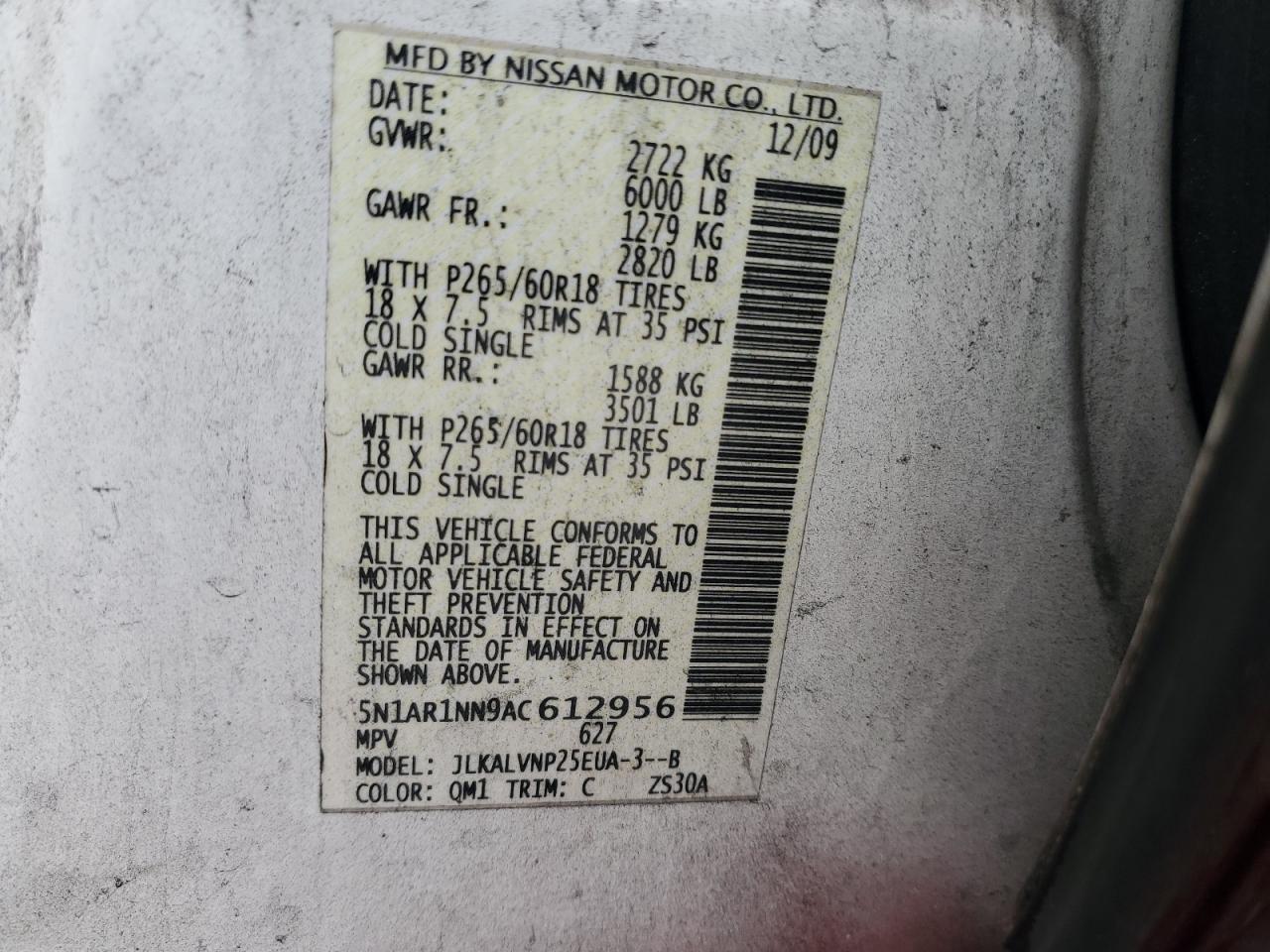 5N1AR1NN9AC612956 2010 Nissan Pathfinder S