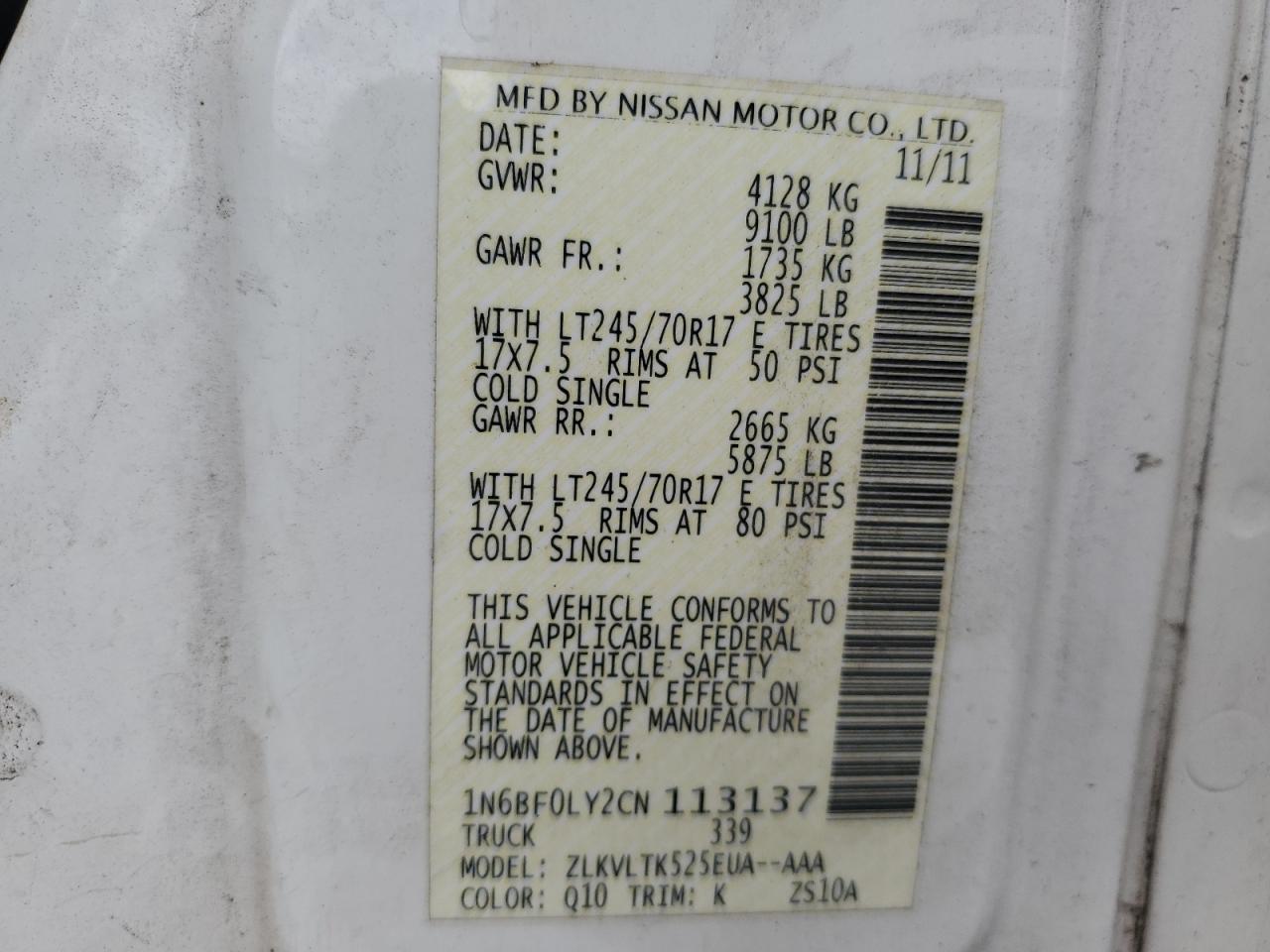 1N6BF0LY2CN113137 2012 Nissan Nv 2500