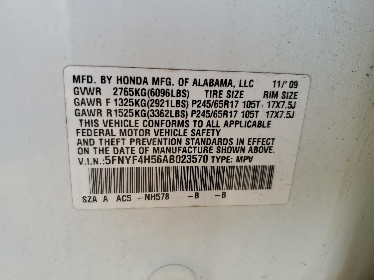 5FNYF4H56AB023570 2010 Honda Pilot Exl