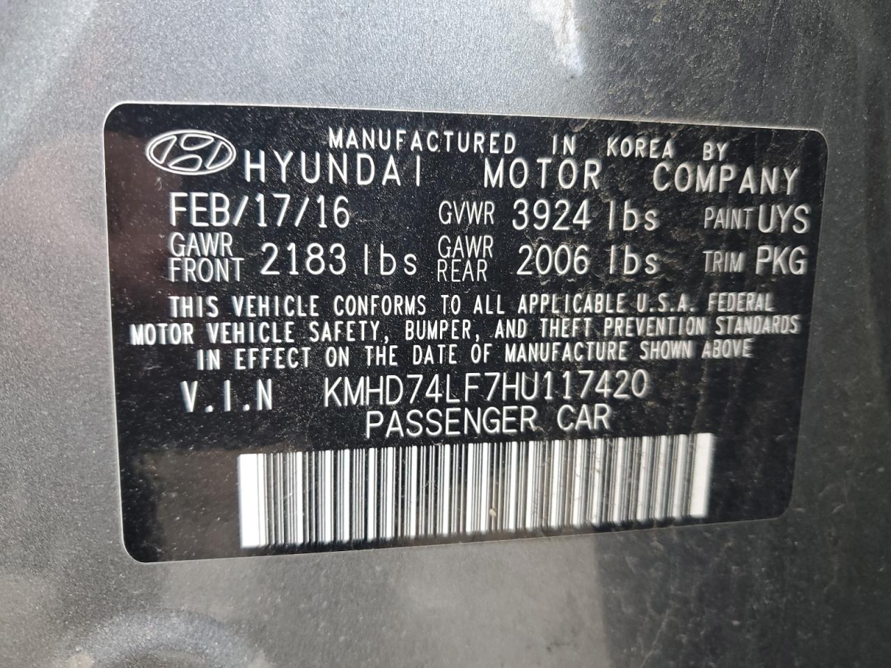 KMHD74LF7HU117420 2017 Hyundai Elantra Se