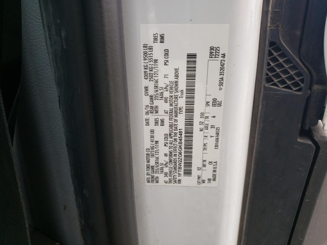 VIN: 1FTBW2ZG6GKB45481 2016 FORD TRANSIT