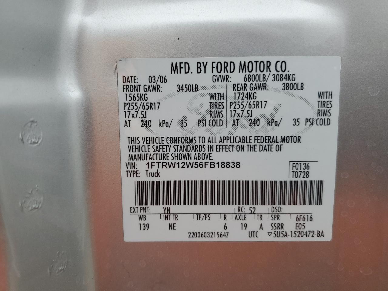 1FTRW12W56FB18838 2006 Ford F150 Supercrew