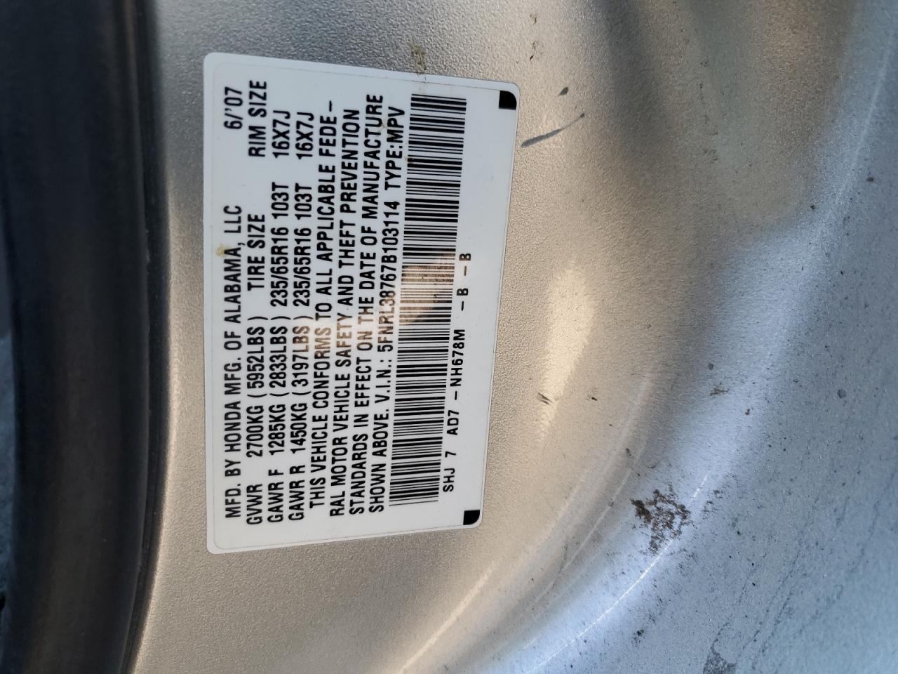 5FNRL38767B103114 2007 Honda Odyssey Exl