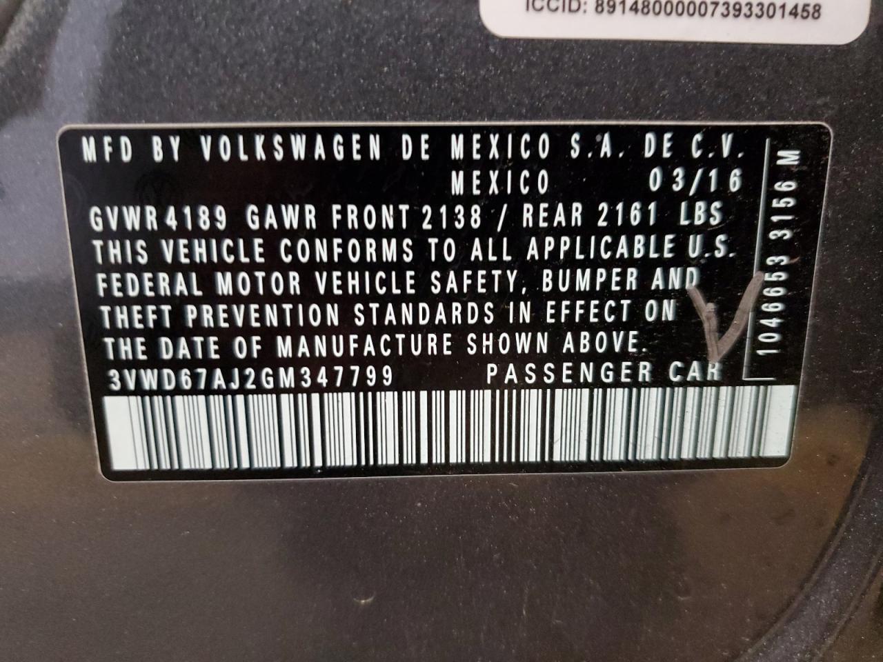 3VWD67AJ2GM347799 2016 Volkswagen Jetta Se