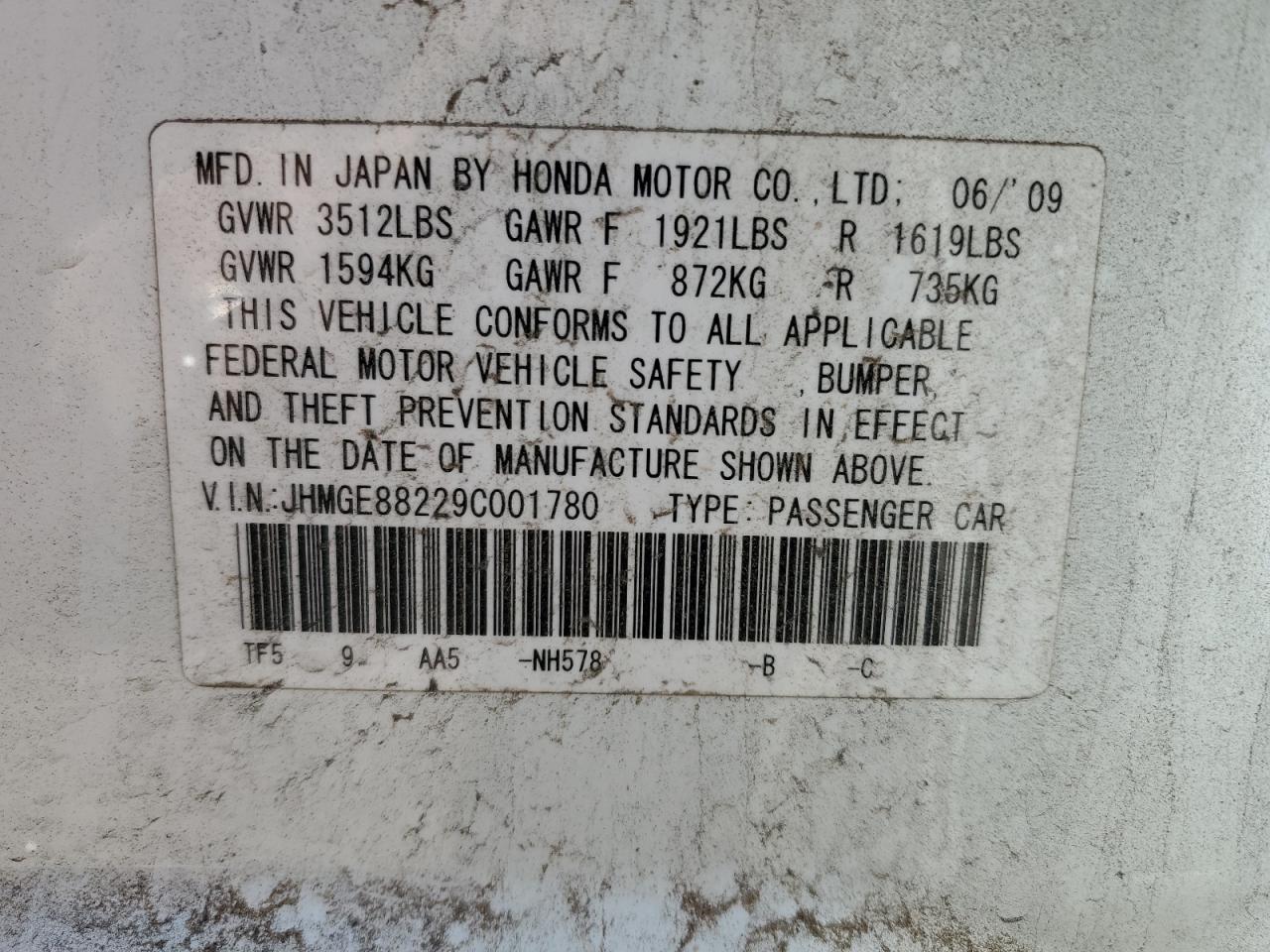 JHMGE88229C001780 2009 Honda Fit