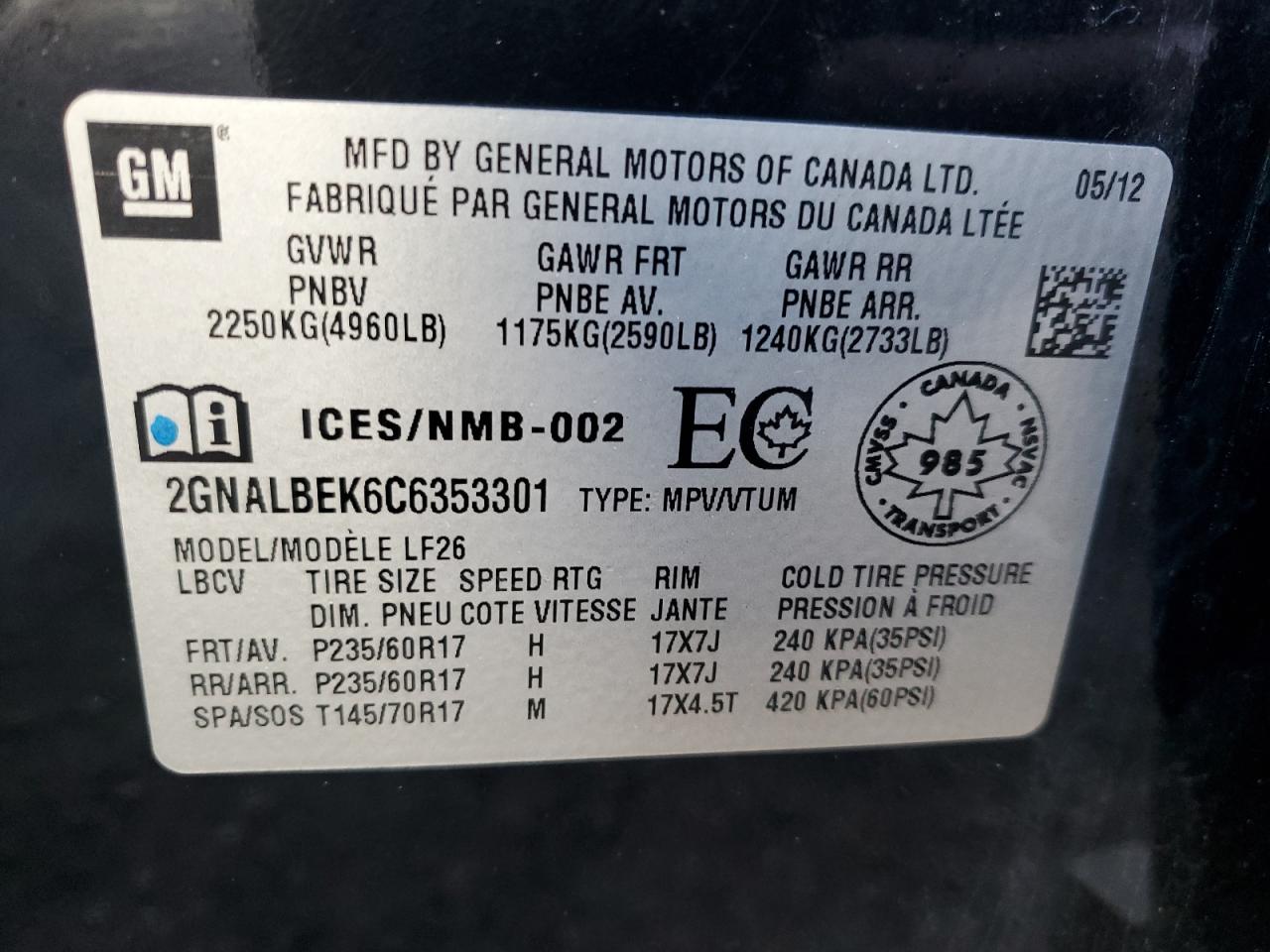 2GNALBEK6C6353301 2012 Chevrolet Equinox Ls