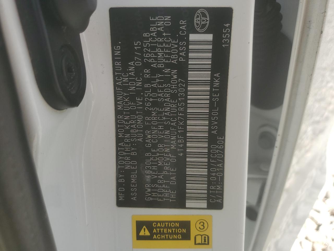 4T4BF1FK7FR513027 2015 Toyota Camry Le