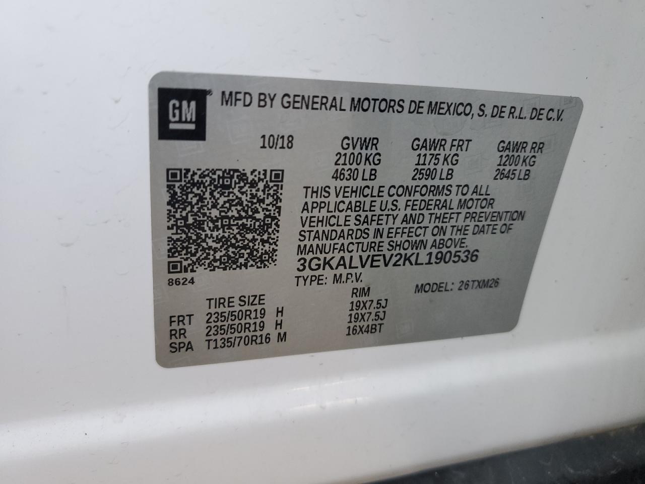 3GKALVEV2KL190536 2019 GMC Terrain Slt