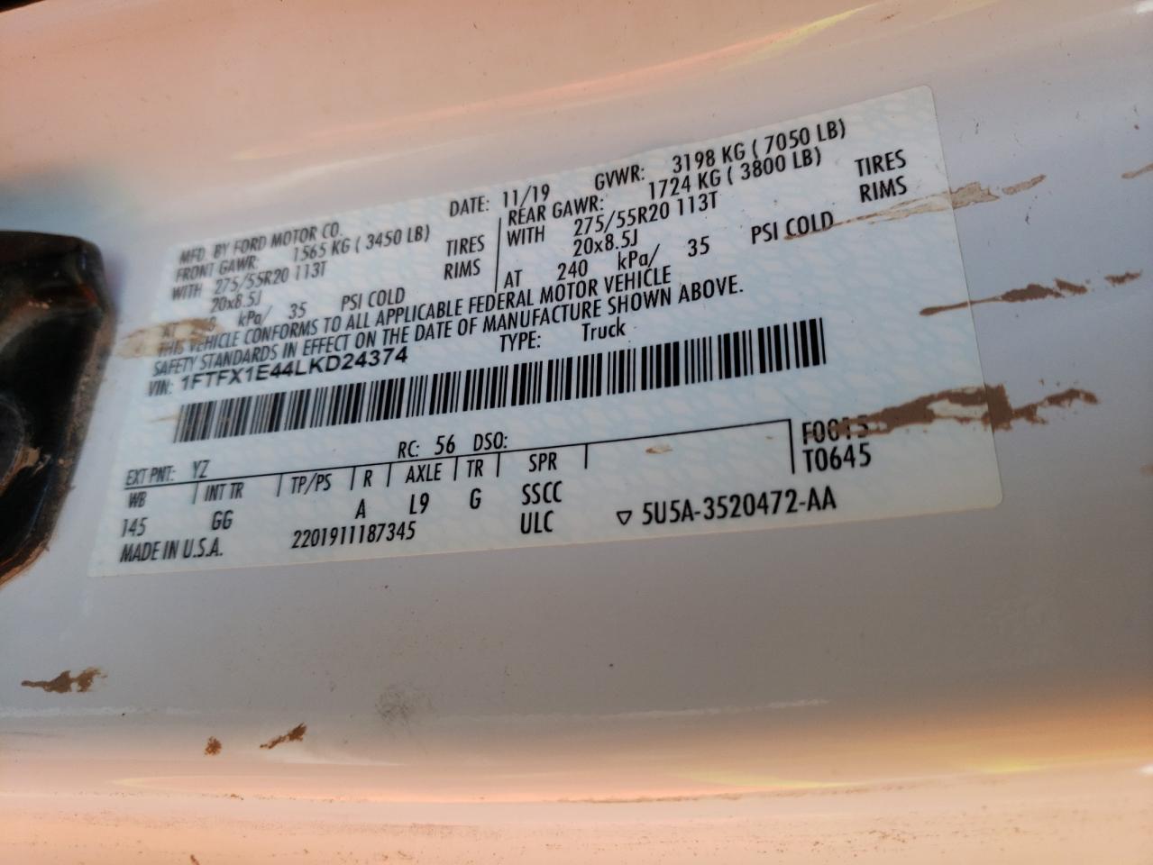 VIN: 1FTFX1E44LKD24374 2020 FORD F-150