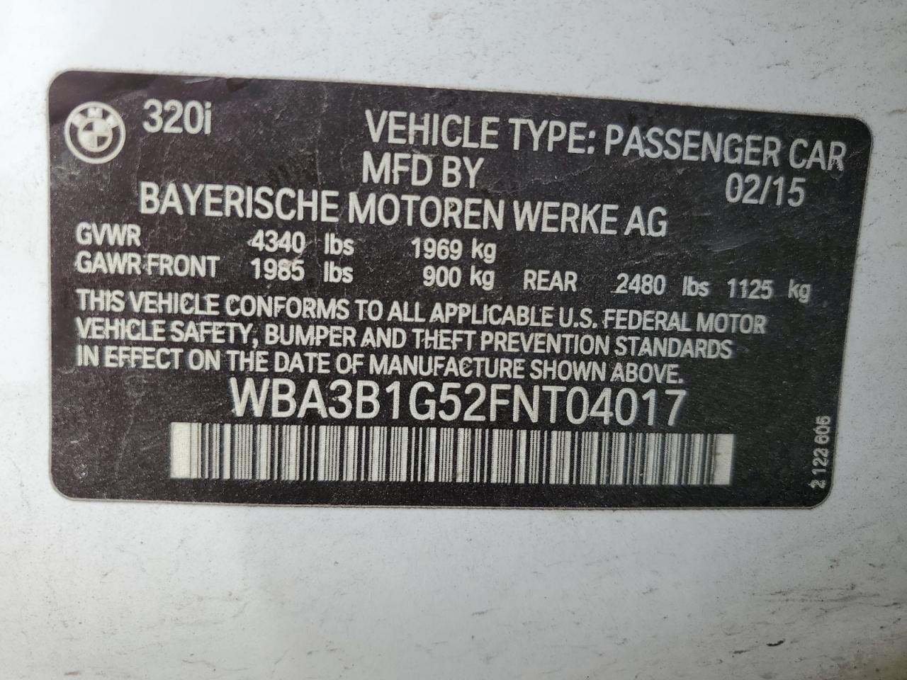 WBA3B1G52FNT04017 2015 BMW 320 I