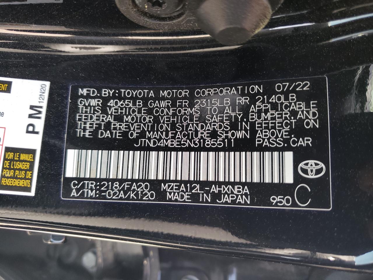 JTND4MBE5N3185511 2022 Toyota Corolla Se