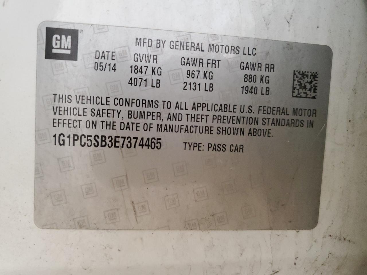 1G1PC5SB3E7374465 2014 Chevrolet Cruze Lt