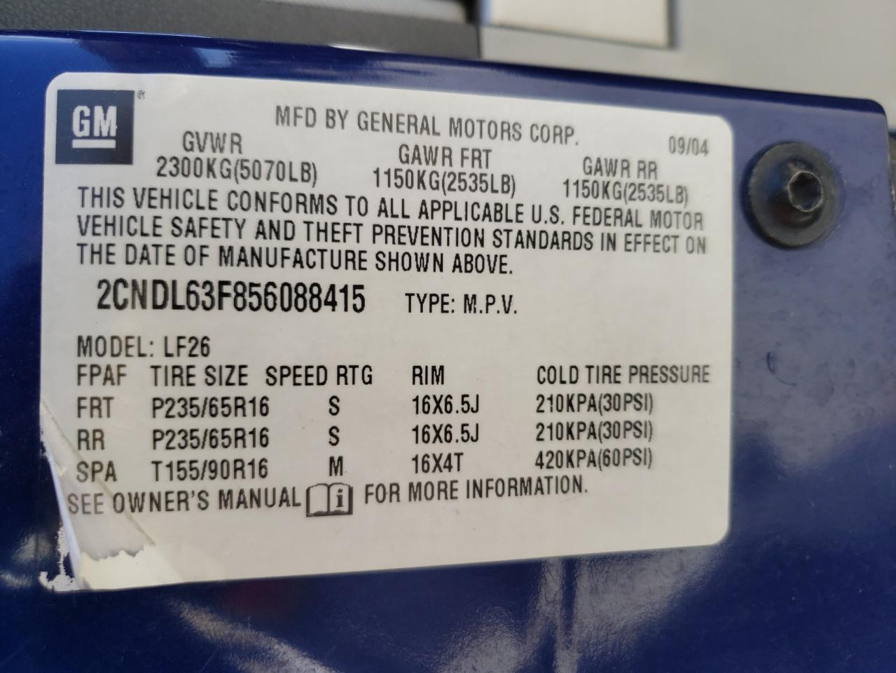 2CNDL63F856088415 2005 Chevrolet Equinox Lt