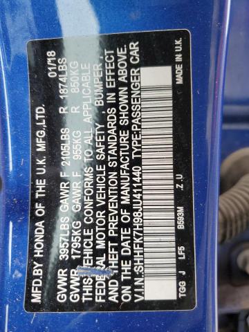 2018 Honda Civic Sport Touring VIN: SHHFK7H98JU411440 Lot: 47512354