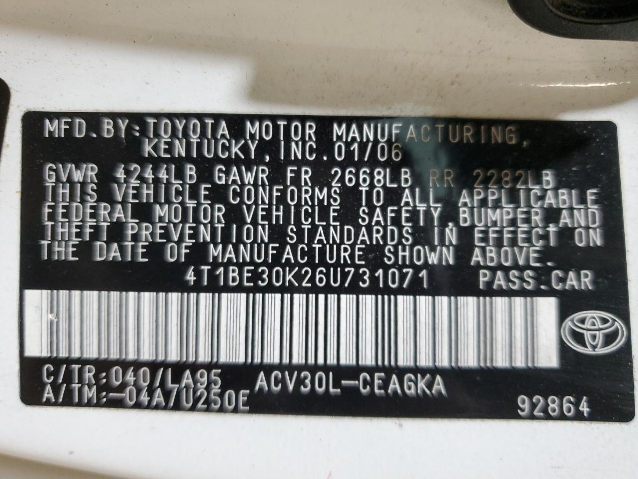 4T1BE30K26U731071 2006 Toyota Camry Le