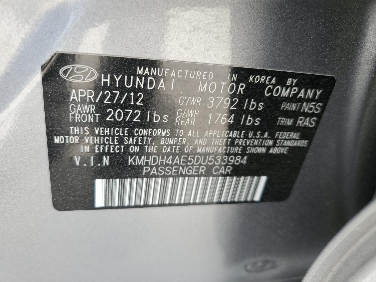 KMHDH4AE5DU533984 2013 Hyundai Elantra Gls