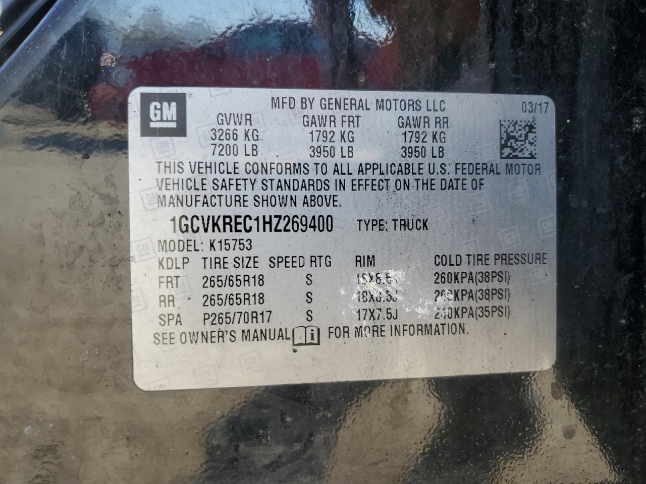 1GCVKREC1HZ269400 2017 Chevrolet Silverado K1500 Lt