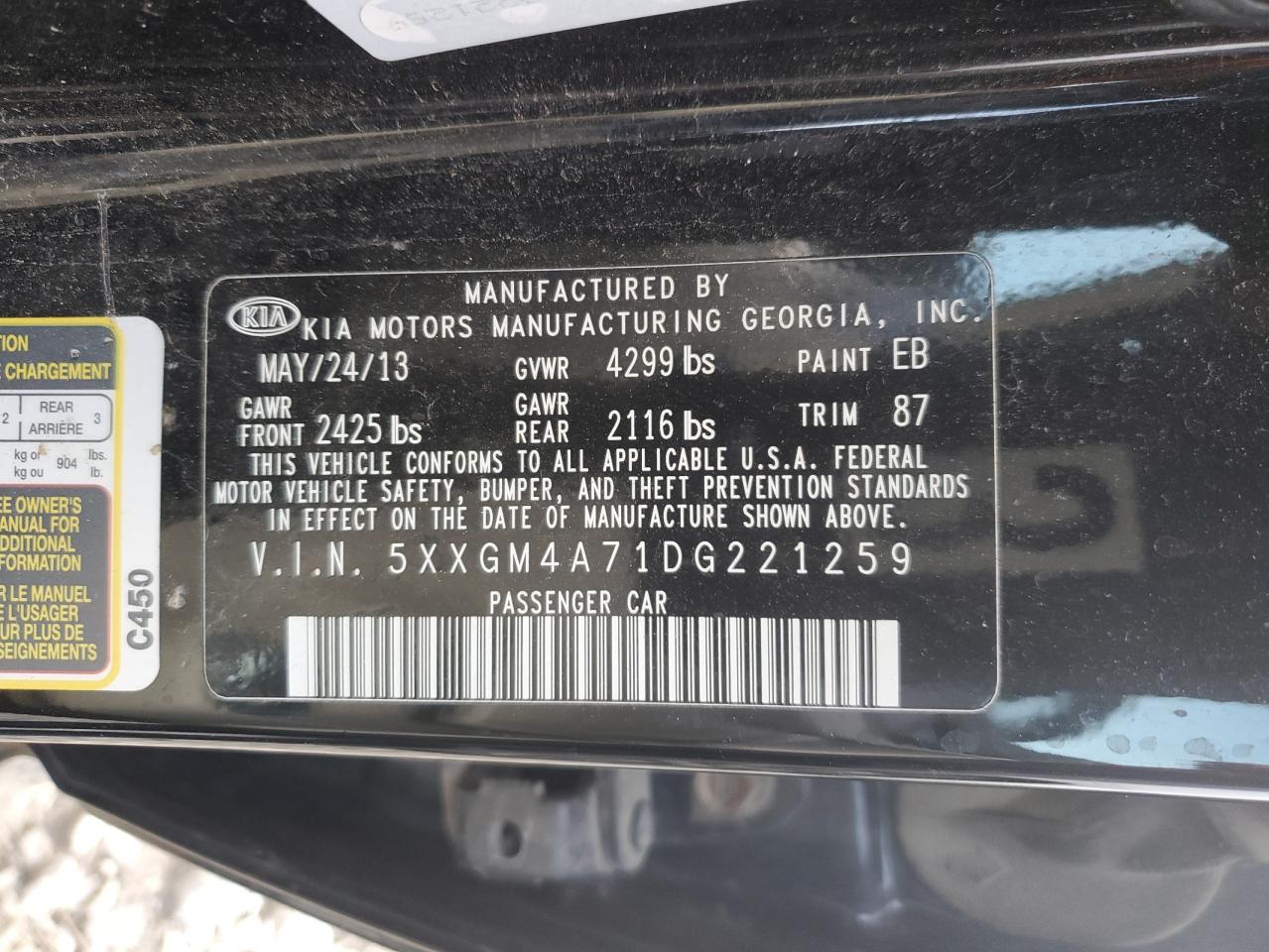 5XXGM4A71DG221259 2013 Kia Optima Lx