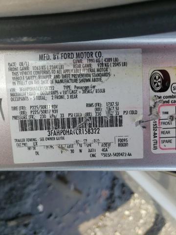 2012 Ford Fusion Se VIN: 3FAHP0HA1CR158322 Lot: 47623454