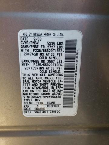 2009 Nissan Murano S VIN: JN8AZ18W29W154488 Lot: 48331654