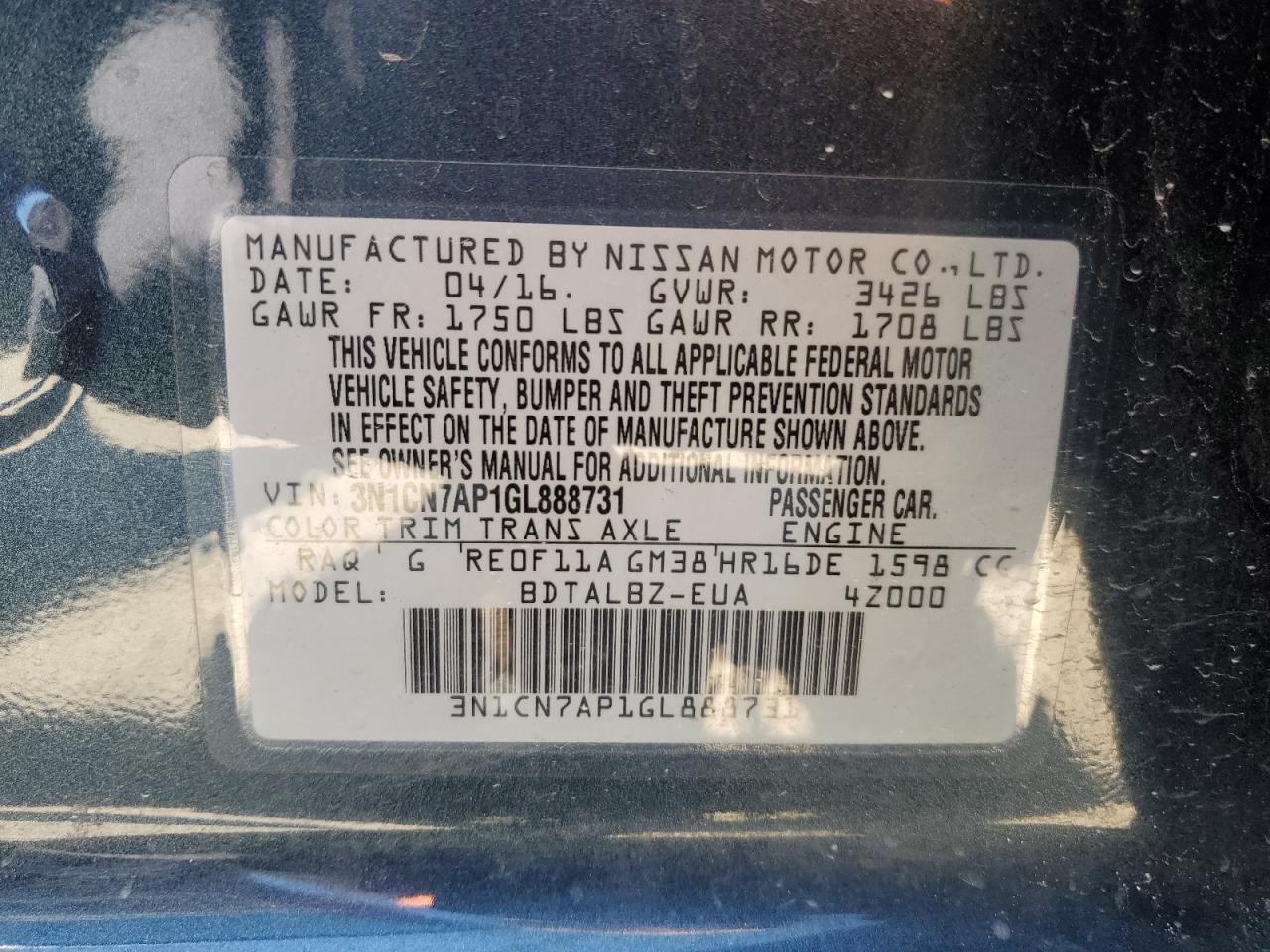 3N1CN7AP1GL888731 2016 Nissan Versa S