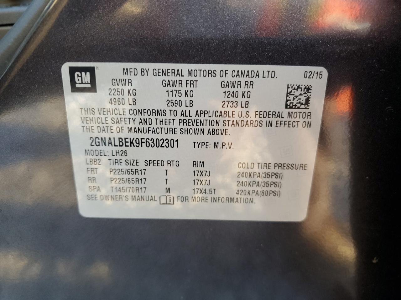 2GNALBEK9F6302301 2015 Chevrolet Equinox Lt