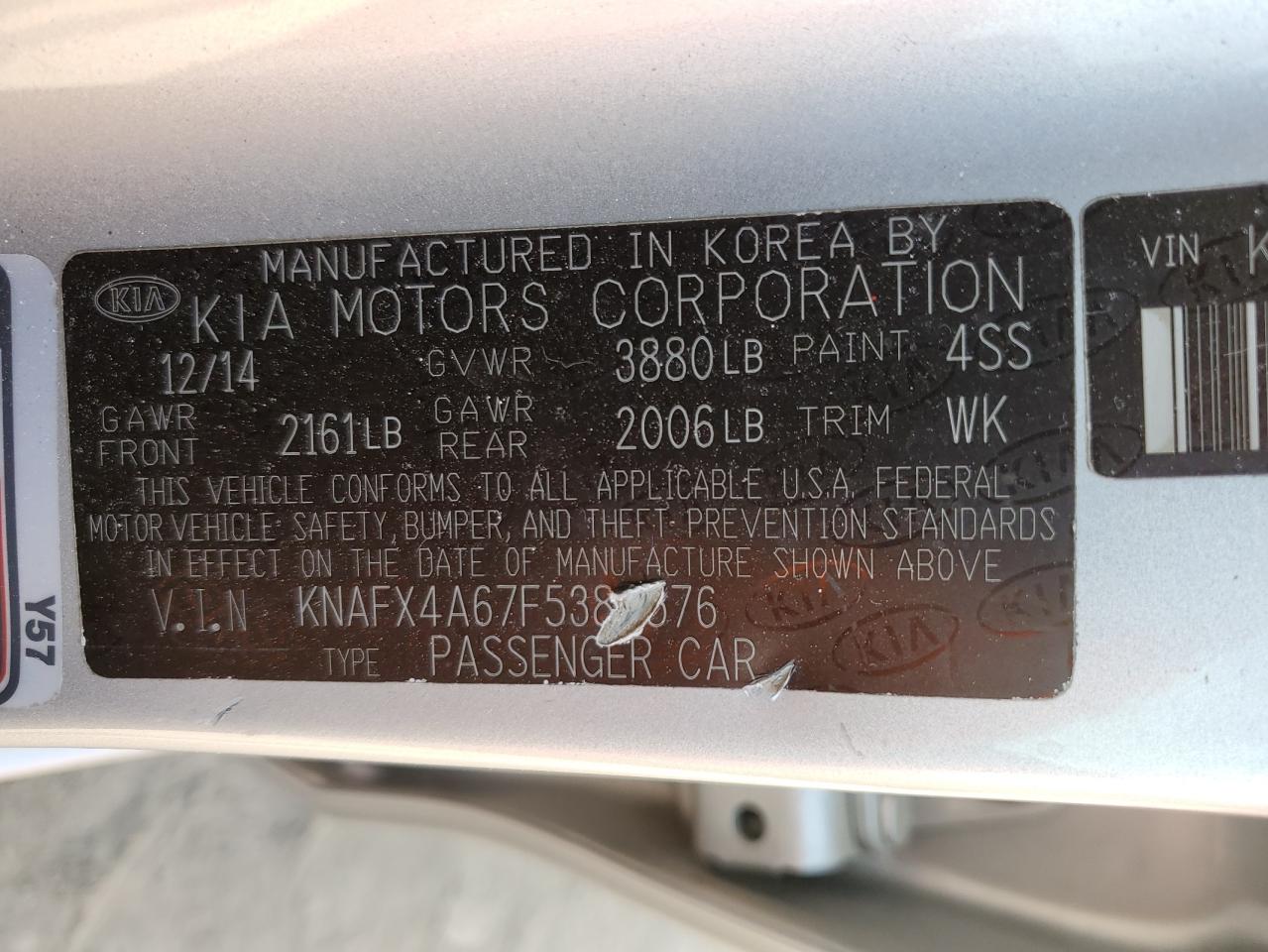 KNAFX4A67F5384576 2015 Kia Forte Lx