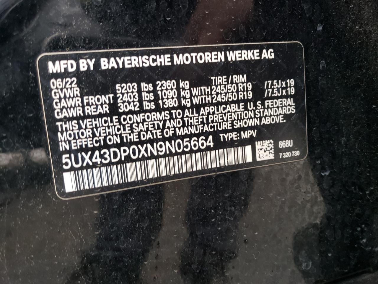 5UX43DP0XN9N05664 2022 BMW X3 Sdrive30I