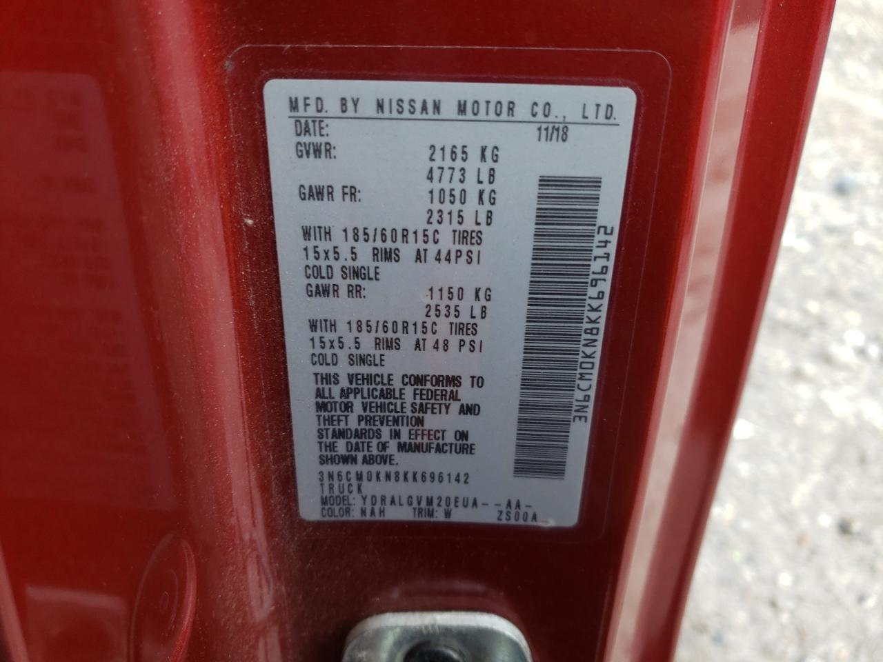 VIN: 3N6CM0KN8KK696142 2019 NISSAN NV